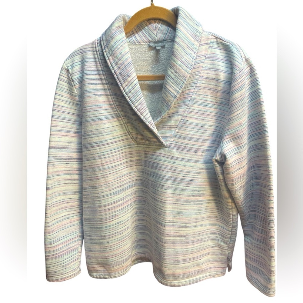 T by TALBOTS wrap neck, pullover sweatshirt,
Pink, blue & white- size PETITE XL